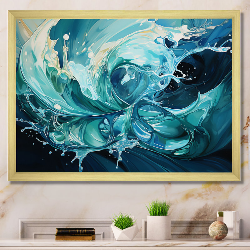 Blue Fluid Grind I - Abstrait marbré, impressions sur toile, H 34 po x l 44 po x P 1,5 po, Encadrement doré