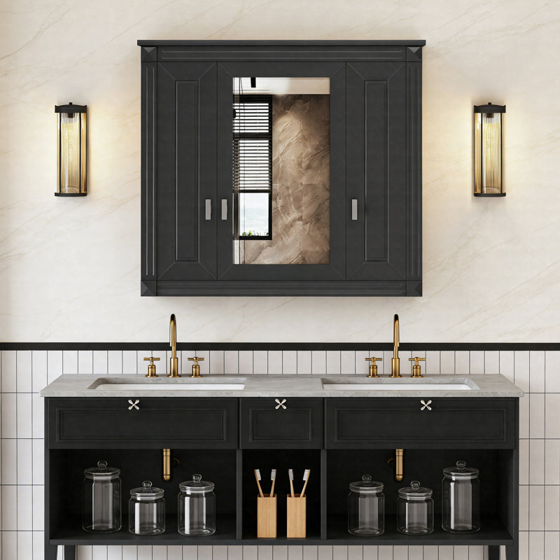 Armoire de salle de bain murale avec miroir, armoire à pharmacie murale 34,4 po avec 4 tablettes réglables, rangement au-dessus de la toilette