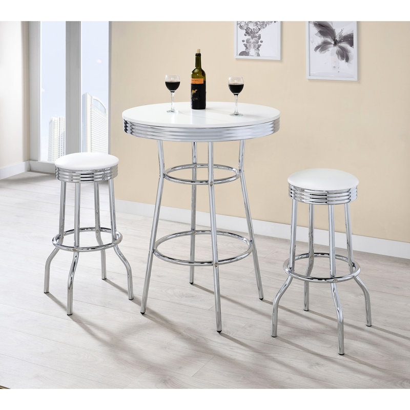 Table haute blanche 3 places au design rétro, tabourets pivotants, piètement électroplaqué, décoration intérieure contemporaine de style années 50, ensemble de salle à manger moderne rembourré