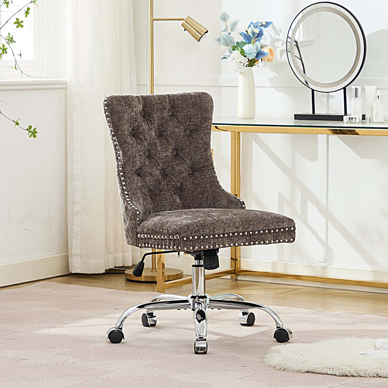 Modern Chenille Upholstered Tufted Button Home Office Chair, Adjustable Desk Chair Swivel Office Chair, Gray