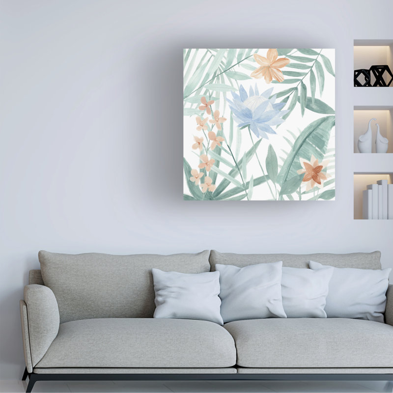 Tropical Floral Canvas Art in Light Blue and Tan, 18" x 18"