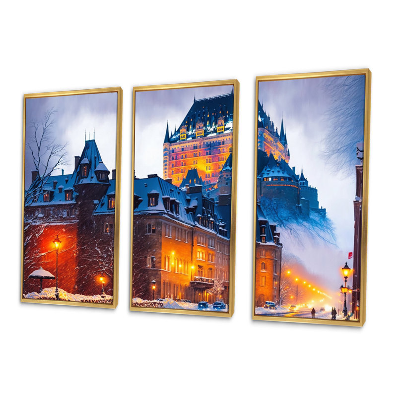 " Chateau Frontenac In Winter II " 3 - Pieces, 28" H x 36" W x 1" D, Gold Floater Framed