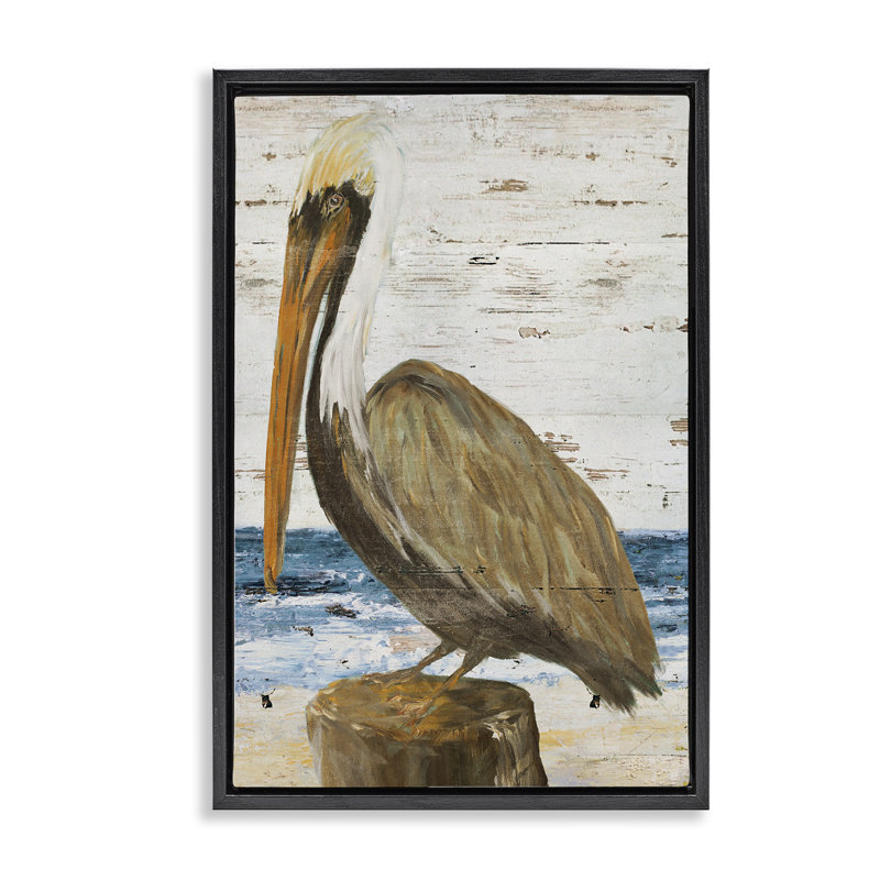 «Rustic Ocean Pelican Brown», toile flottante encadrée par Julie DeRice, Cadre flottant noir de jais, H 25 po x l 17 po