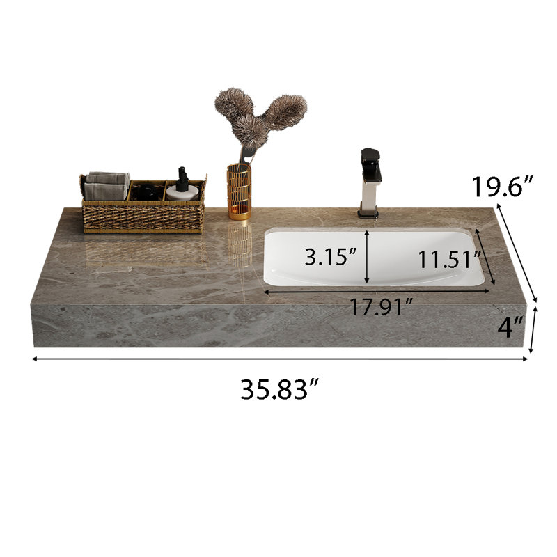 36 po. X 20 po. Comptoir de meuble-lavabo intégré en pierre frittée pour robinet à un trou, aucun assemblage de meuble-lavabo requis avec lavabo en céramique encastré