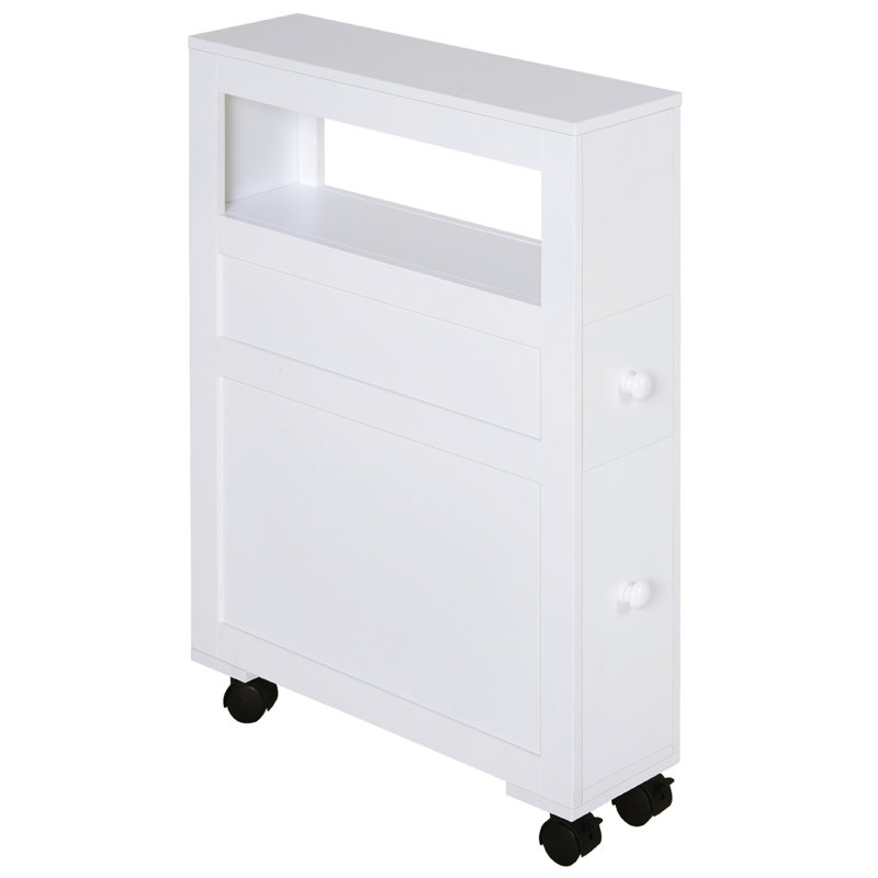 Meuble de rangement roulant pour salle de bain, blanc, avec 2 tiroirs et tablette étroite intégrée