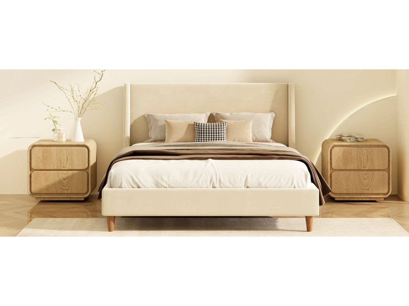 Lit plateforme tapissier moderne avec tête de lit à oreilles et pieds en bois de noyer Modern, Beige