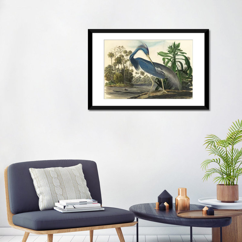 «Blue Heron», reproduction sur toile, H 24 po x l 32 po x P 1 po, Papier d'art encadré noir, Blanc