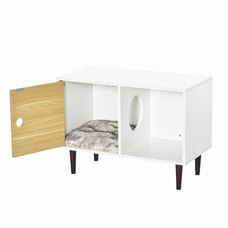 Maison pour chat en bois avec coussin moelleux, table d'appoint décorative pour chaton, maisonnette surélevée avec espace de rangement