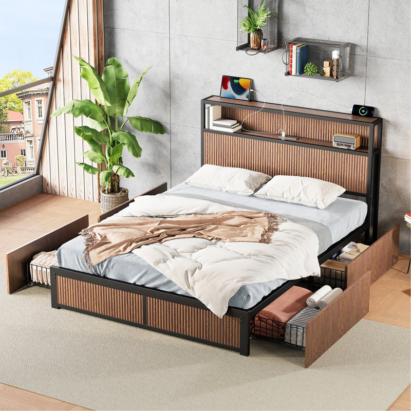 Large Raised-Pattern Storage Bed Frame, Wooden Platform Bed Frame With Multiple Drawer Storage Function, Bedside Socket, Brown Wood (Queen)