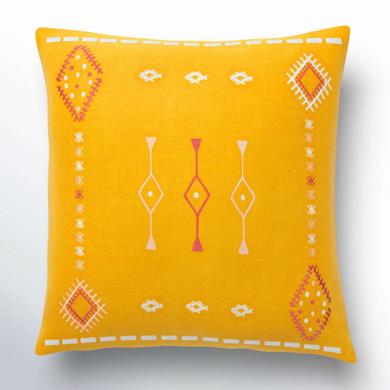Decatur Embroidered Down Throw Pillow, Mustard/Dusty Pink/Pale Blue, 18" x 18", Polyester