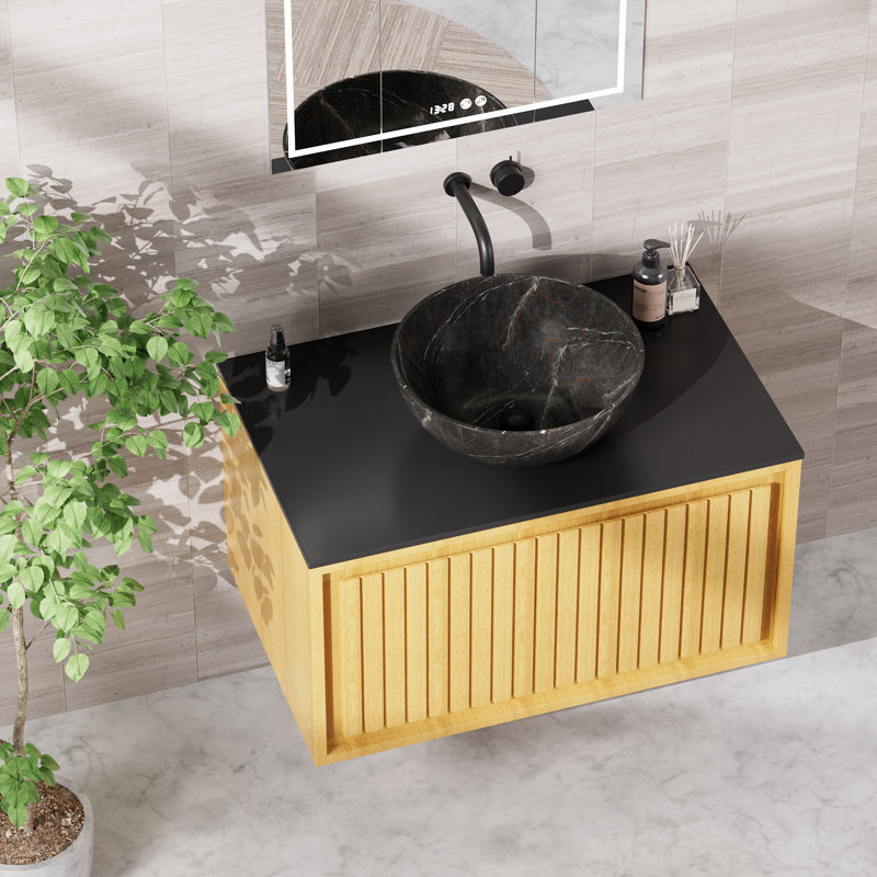 30" Wall Mounted Single Bathroom Vanity With Black Round Ceramic Basin,  Soft-Close Drawers