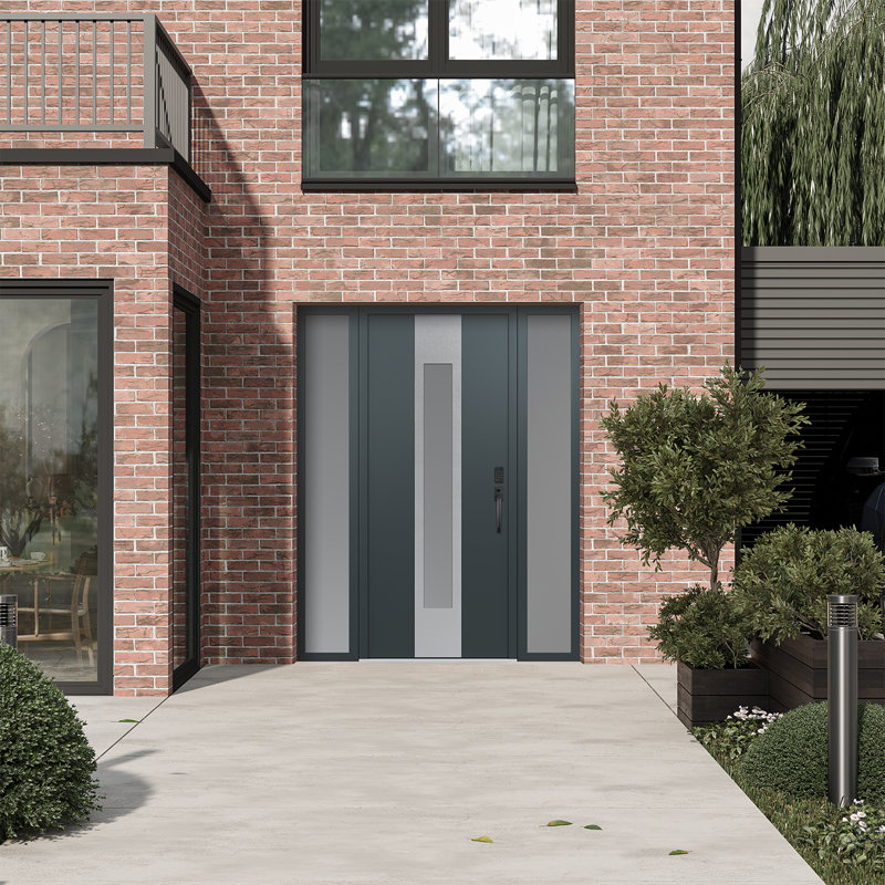 Porte d'entrée pré-suspendue en acier argenté avec panneau latéral Diamond A., Argent argent, L 68 po x H 80 po, Gelé