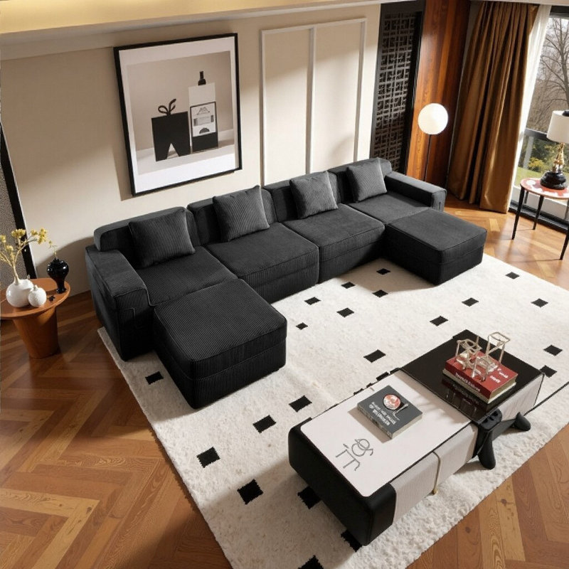 Canapé modulaire moelleux à 4 places: canapé U-modulaire profond sans repose-pieds avec repose-pieds, Noir