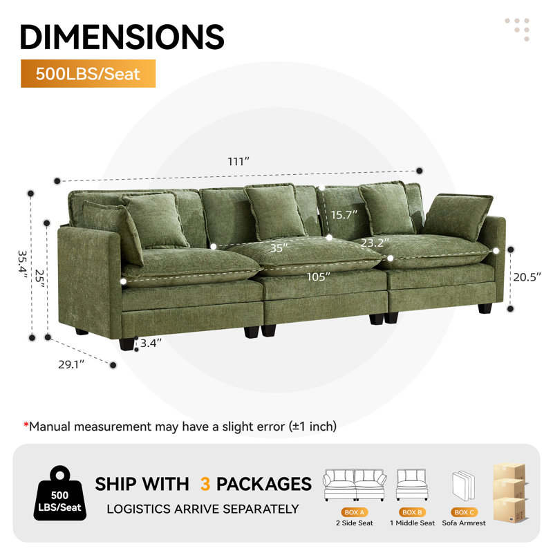 Canapé modulaire en tissu d'ameublement Chenille, Vert, 3 places