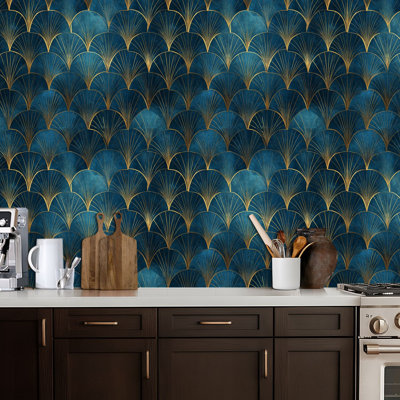 Peel and Stick Wallpaper Art Golden Lines Blue Gradient Fan Design Contact Paper Removable Self Adhesive Wall Mural Wall Decor for Bedroom Kitchen Cabinets 24in x 118in