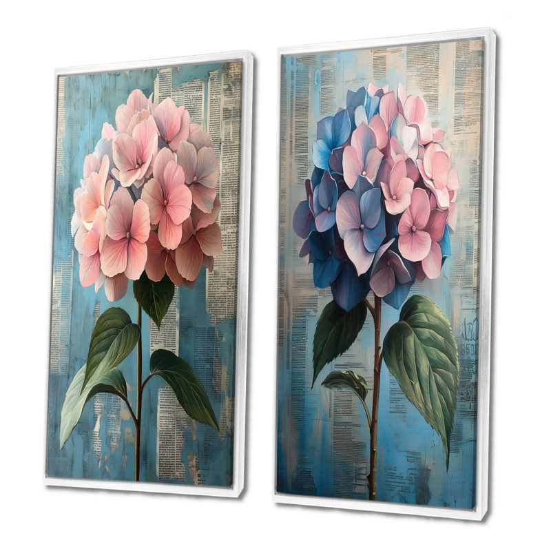 Ensemble de 2 pièces d'art mural hortensia rose Big Bloom, H 32 po x l 32 po, Cadre flottant blanc