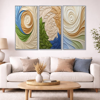 «Green and Beige Harmony Natural Element - Blue Abstract Botanical», ensemble de 3 reproductions sur toile encadrées