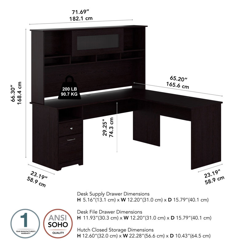 Ovia L-Shaped Executive Desk, Espresso Oak, 66" H x 60" W x 59.45" D