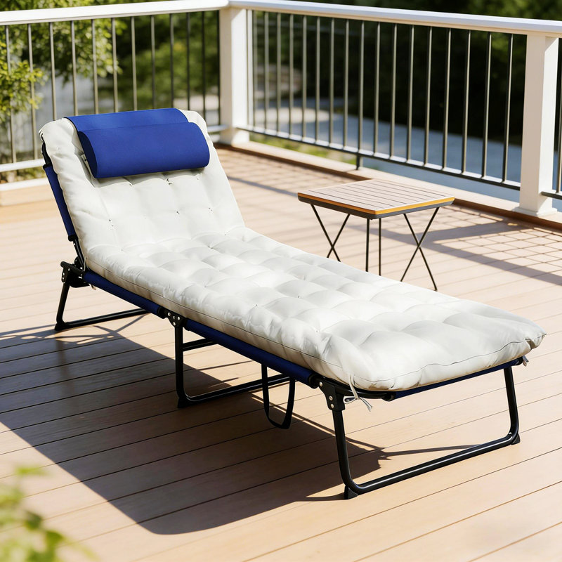 Chaise longue d'extérieur, chaise longue pliante, Bleu marine / blanc