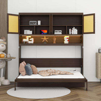 Murphy Bed With Charging Station & LED Lights, Wood Rattan Horizontal Murphy Wall Bed With Top Cabinet And Shelf