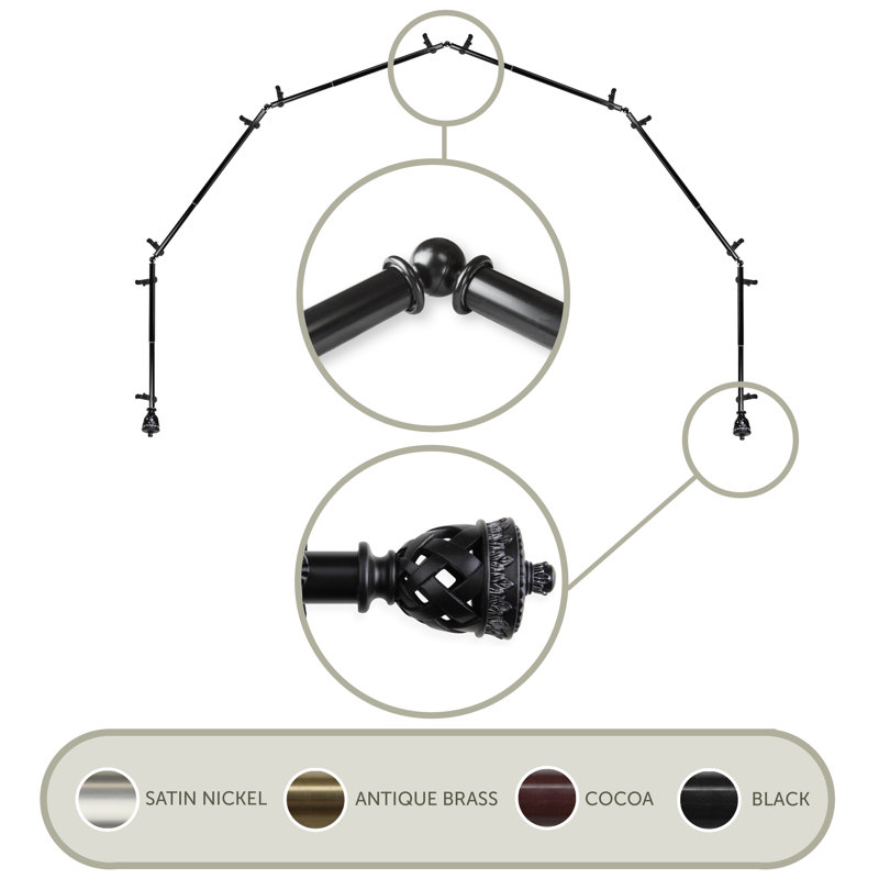 Adjustable 28" to 48" 0.81" Bay Window Single Curtain Rod, 18" - 28" (each side), Black