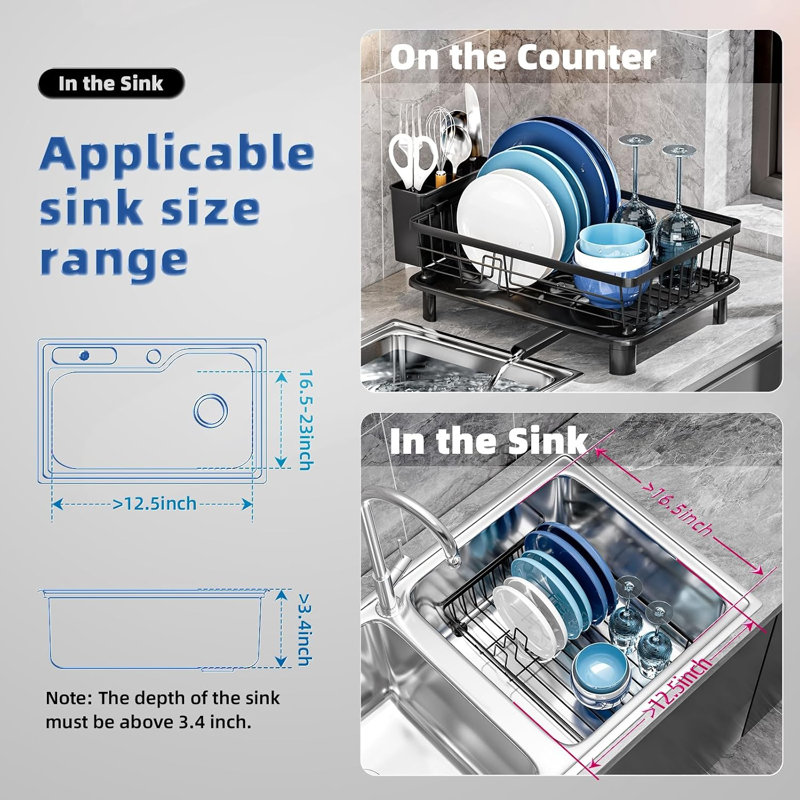 Dish Drying Rack for Kitchen Counter,Stainless Steel,Black Space Saving,New Drain Outlet,Rotating Spout & Angled Drainboard