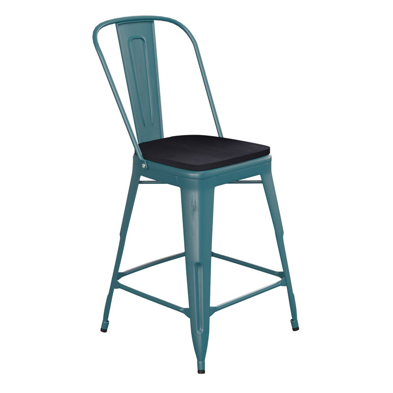 Tabouret à hauteur de comptoir toutes saisons avec siège en résine polyester Brinya, Bleu / noir