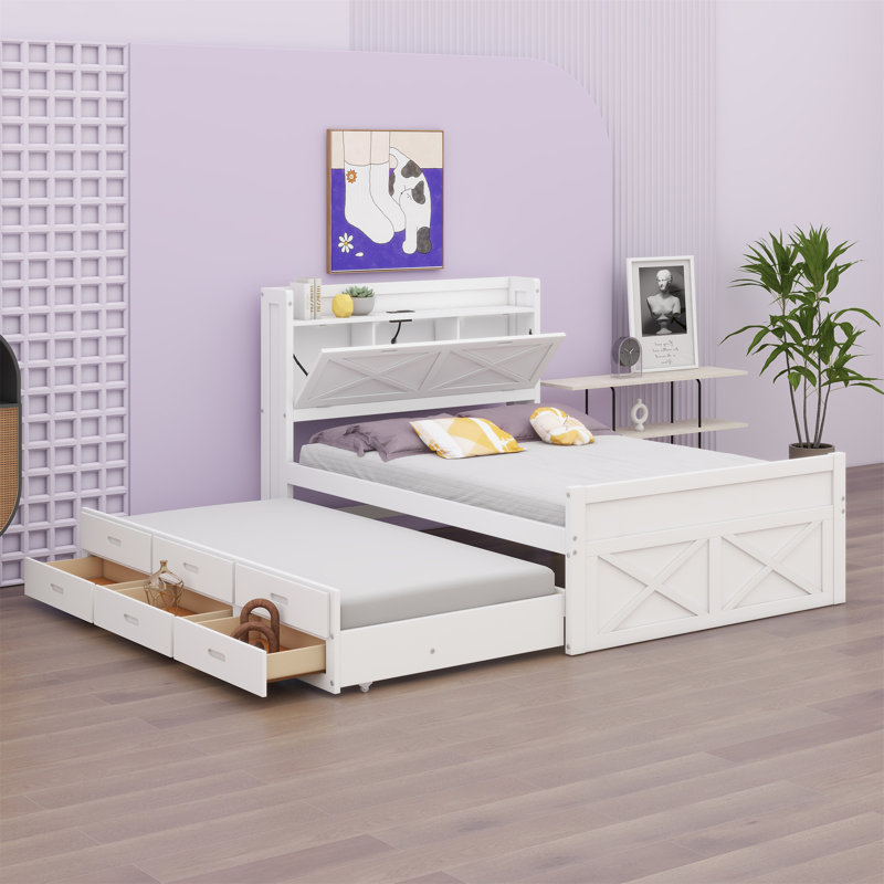 Wooden Bed With Storage Headboard With Outlets, Trundle Bed With Three Storage Drawers, White