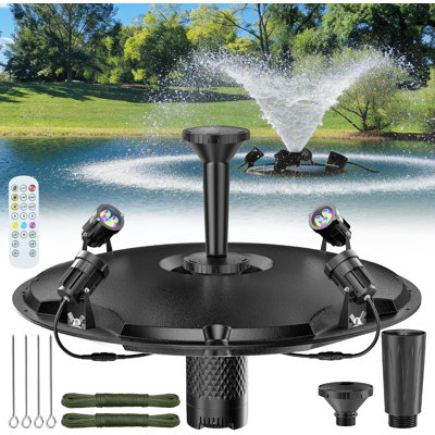 Fontaine flottante pour étang avec lumières DEL, pompe 1600GPH, cordon d'alimentation de 50 pieds et 3 types de jets