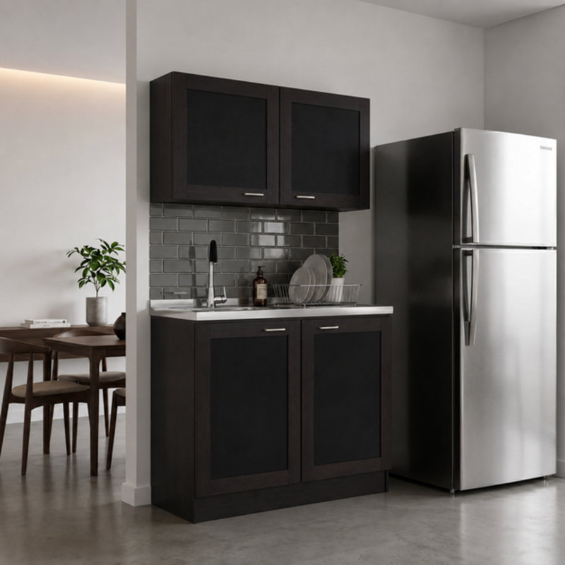 Ensemble de meubles de cuisine Millwood Pines Ashura 39,3 po (100 cm) de largeur, en bois fabriqué, comprenant un meuble sous-évier et un meuble haut – Wengé