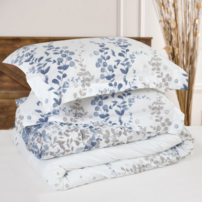 3-Piece Chanasya Watercolor Leaf Vines Blue Gray Microfiber Comforter Set