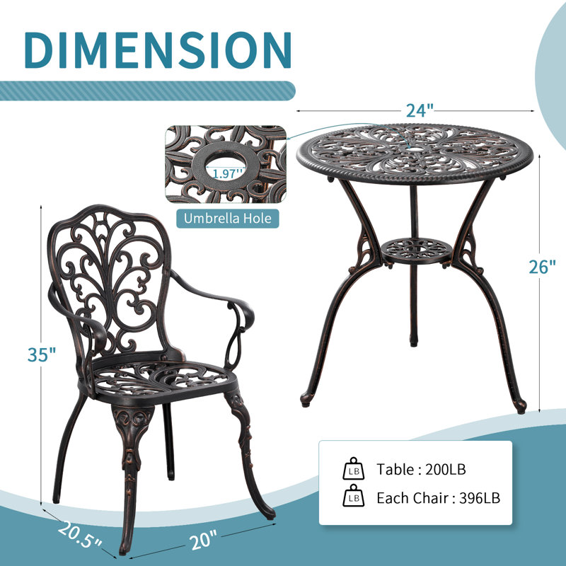 3 Piece Bistro Set Outdoor Cast Aluminum Bistro Table and Chairs Set of 2 for Garden