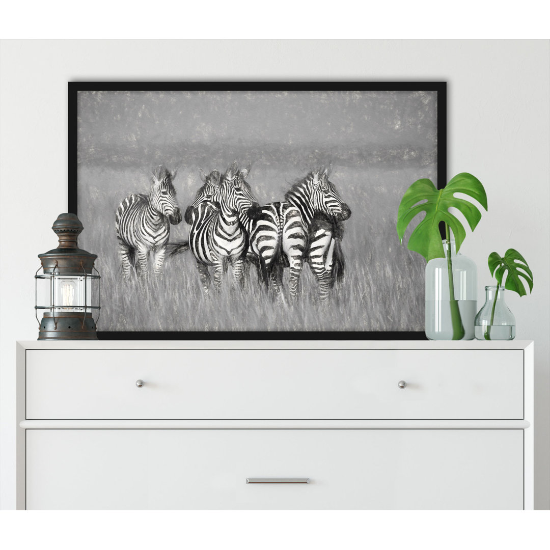 Gerahmte Fotografie "Zebras in der Savanne".