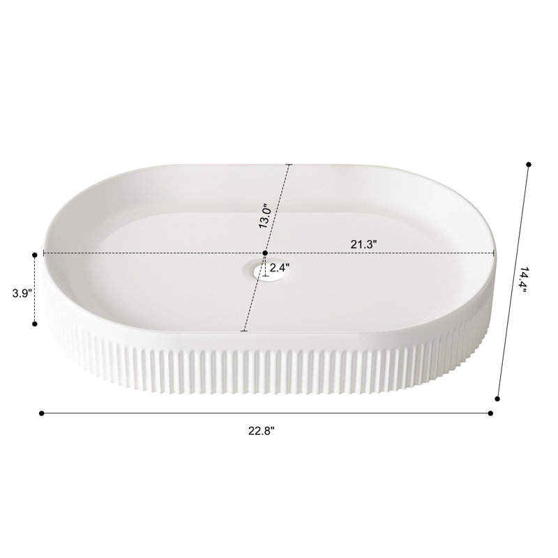 Meuble-lavabo en céramique blanc de 22,8 po, lavabo vasque ovale à rayures verticales, bonde centrale et bonde escamotable, évite les éclaboussures de comptoir, évier contemporain, conception rayée, plan d'installation