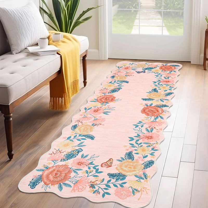 Floral Runner Rug 2x6 Washable Runner Modern Scalloped Runner Pink Runner Hallway Runner with Non Slip Backing, Low Pile Thin Runner, Indoor Foldable Printed Rug for Entryway Bathroom