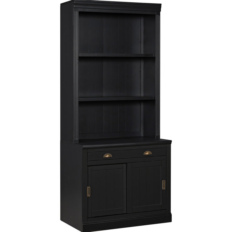 Suite de bibliothèque noire de 83,4 po de hauteur avec éclairage à DEL, portes coulissantes lisses, deux tiroirs et tablettes ouvertes, structure en bois massif épaissie pour la stabilité, bureau à domicile moderne de 83,4 po de hauteur, avec