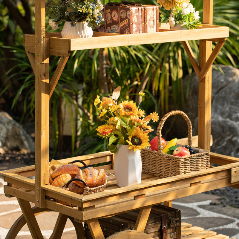 Chariot de table roulante en bois à 3 niveaux avec 2 roues pour la décoration intérieure