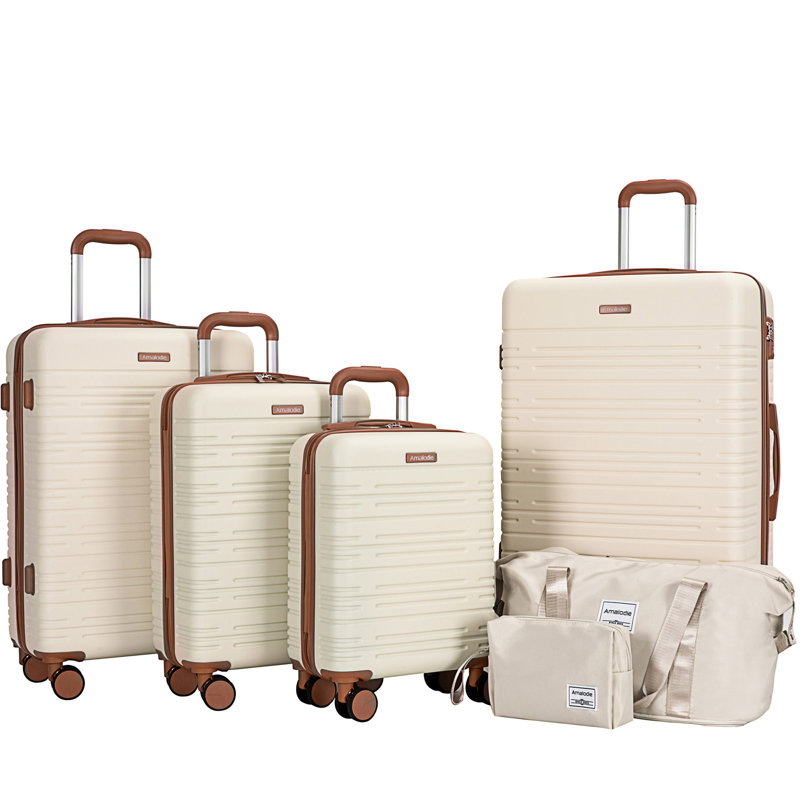 Ensemble de bagage 6 pièces, valise rigide de voyage en ABS avec serrure TSA, beige