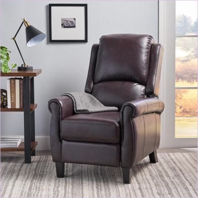 Recliners Mid-Century Modern Pushback Single Chair | Thick Cushion Tufted Burgundy Red PU | Birch Wood Legs