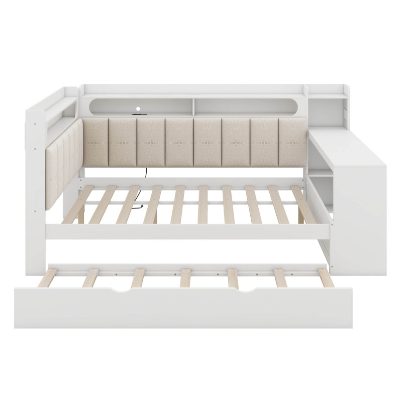 Full Size Wood Daybed With Storage Shelves & Trundle, Charging Station & LED Light, Desk & Upholstered Headboard And Backrest