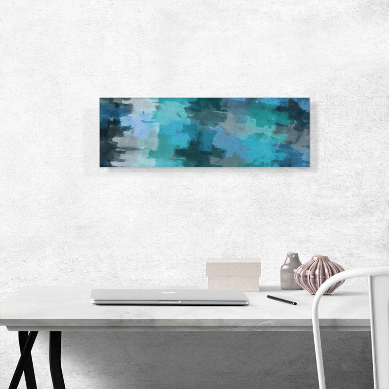 " Teal Gray Blue Modern " Painting Print, 12" H x 36" W x 0.75" D