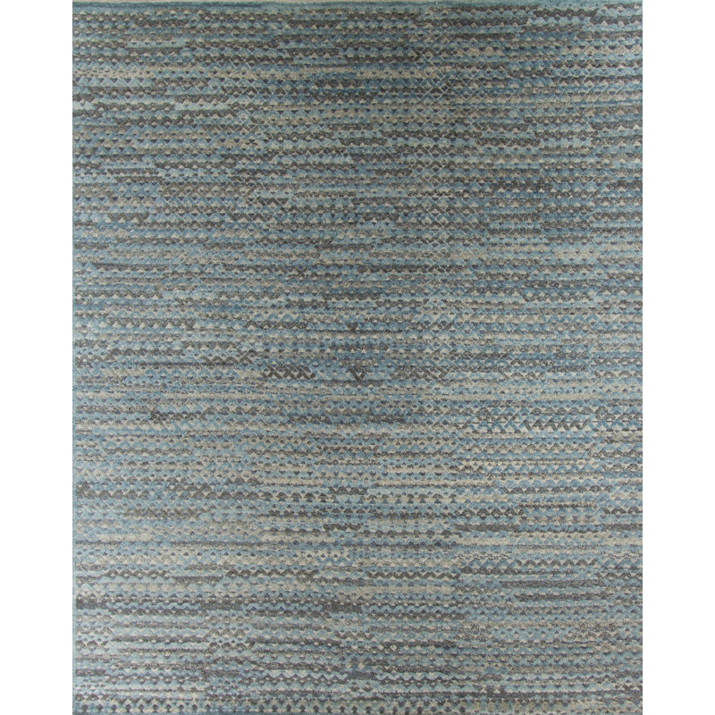 Geometric Hand-Knotted Wool Blue Area Rug, Rectangle 12' x 15'