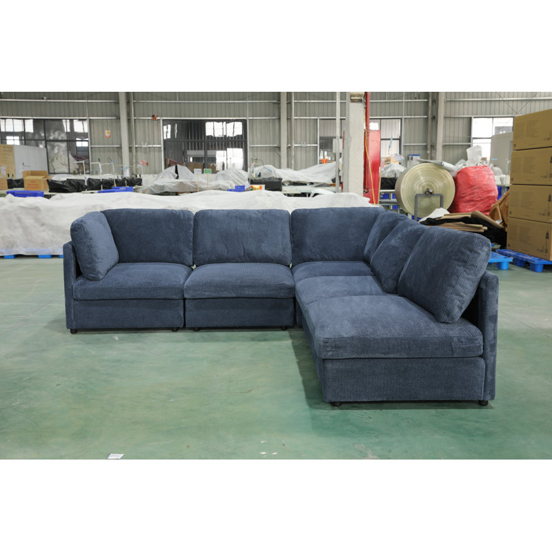 5 Pieces L Shaped Modular Sectional Sofa, Blue Polyester Blend