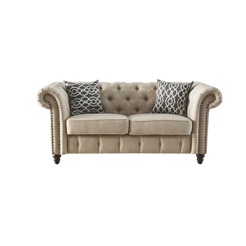 Transitional Tufted Loveseat with 2 Pillows in Beige