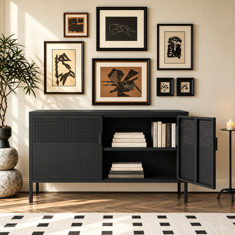  25 Inch Metal Side Cabinet, Double Door TV Stand, Storage Cabinet with Adjustable Shelves, Black