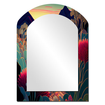 Fleurs colorées pendant l'heure dorée I - miroir décoratif asymétrique des montagnes, miroir mural arqué traditionnel, impression d'art en métal