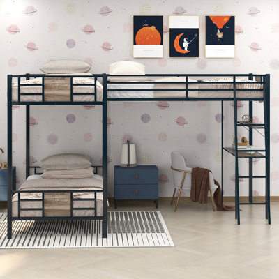 L-Shaped Twin over Twin Bunk Bed with Loft, Desk & Shelves, Metal & MDF, Brown