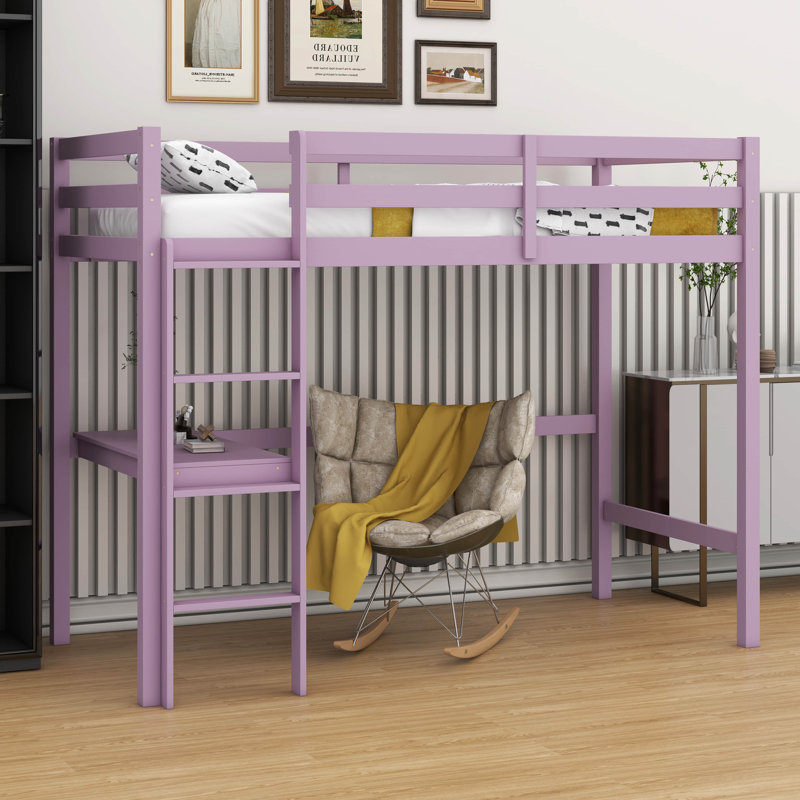Lit mezzanine simple taille haute (bois d'hévéa) - barrière de sécurité, bureau intégré et échelle, Rose