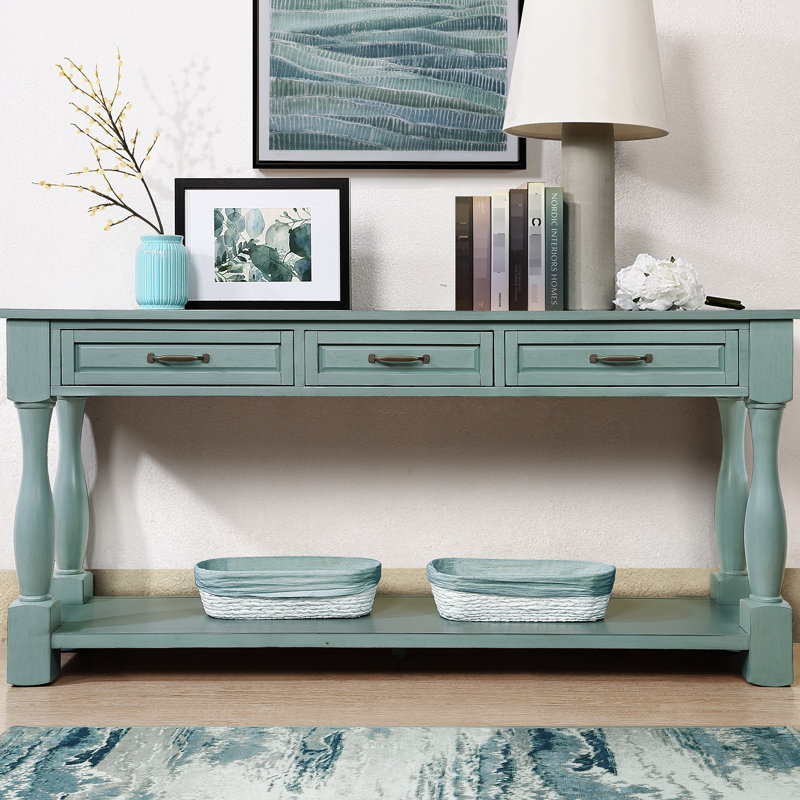 Console en bois massif de 63 pouces, 3 tiroirs et tablette, bleu rétro, élégante table décorative avec design et base pour la maison