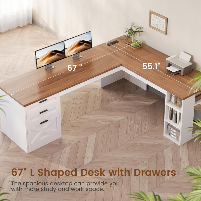 67" Farmhouse L Shaped Desk With 3 Drawers, Executive Desk, White/Brown